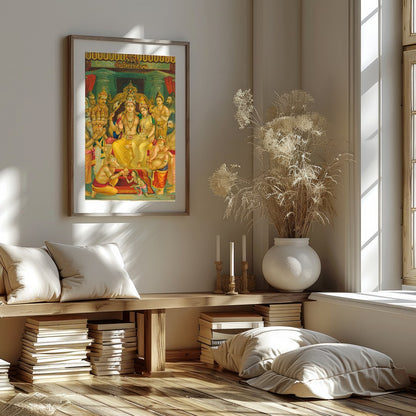 This exquisite artwork captures a sacred gathering of revered Hindu deities, beautifully detailed for bedroom