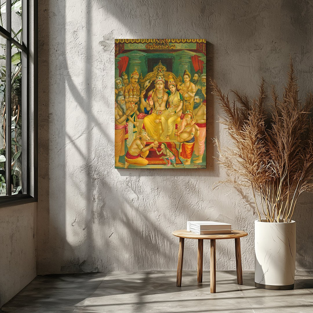 This exquisite artwork captures a sacred gathering of revered Hindu deities, beautifully detailed for Entrance