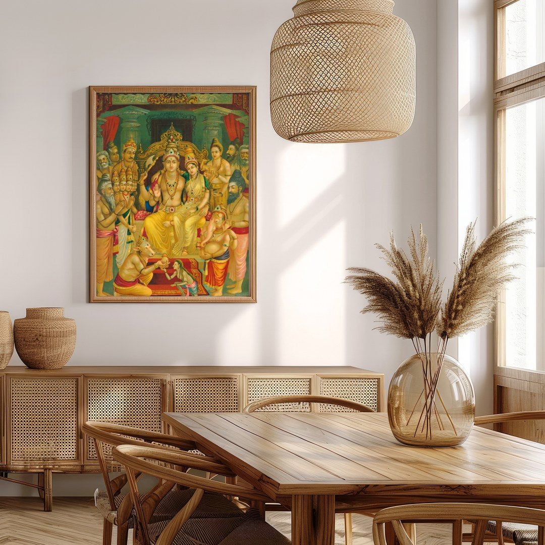 This exquisite artwork captures a sacred gathering of revered Hindu deities, beautifully detailed for Extra Kitchen