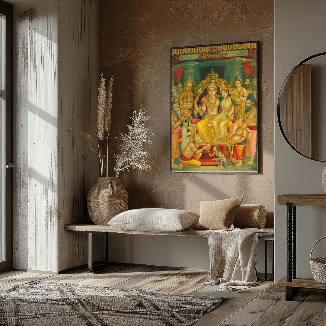 This exquisite artwork captures a sacred gathering of revered Hindu deities, beautifully detailed for hallway