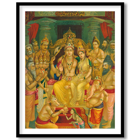 This exquisite artwork captures a sacred gathering of revered Hindu deities, beautifully detailed for room