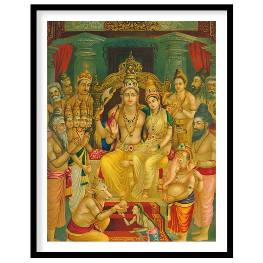 This exquisite artwork captures a sacred gathering of revered Hindu deities, beautifully detailed for room