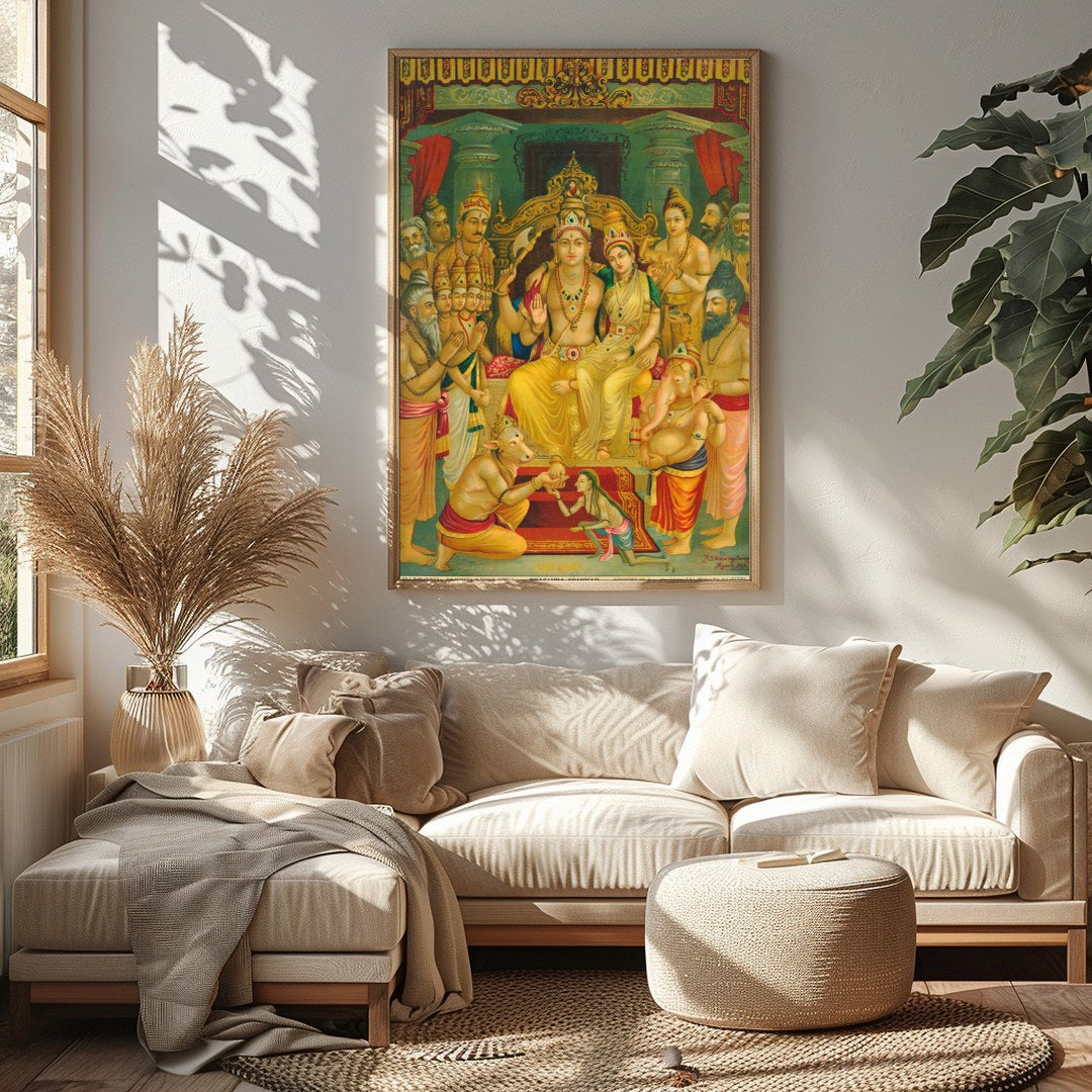 This exquisite artwork captures a sacred gathering of revered Hindu deities, beautifully detailed for Sitting Area