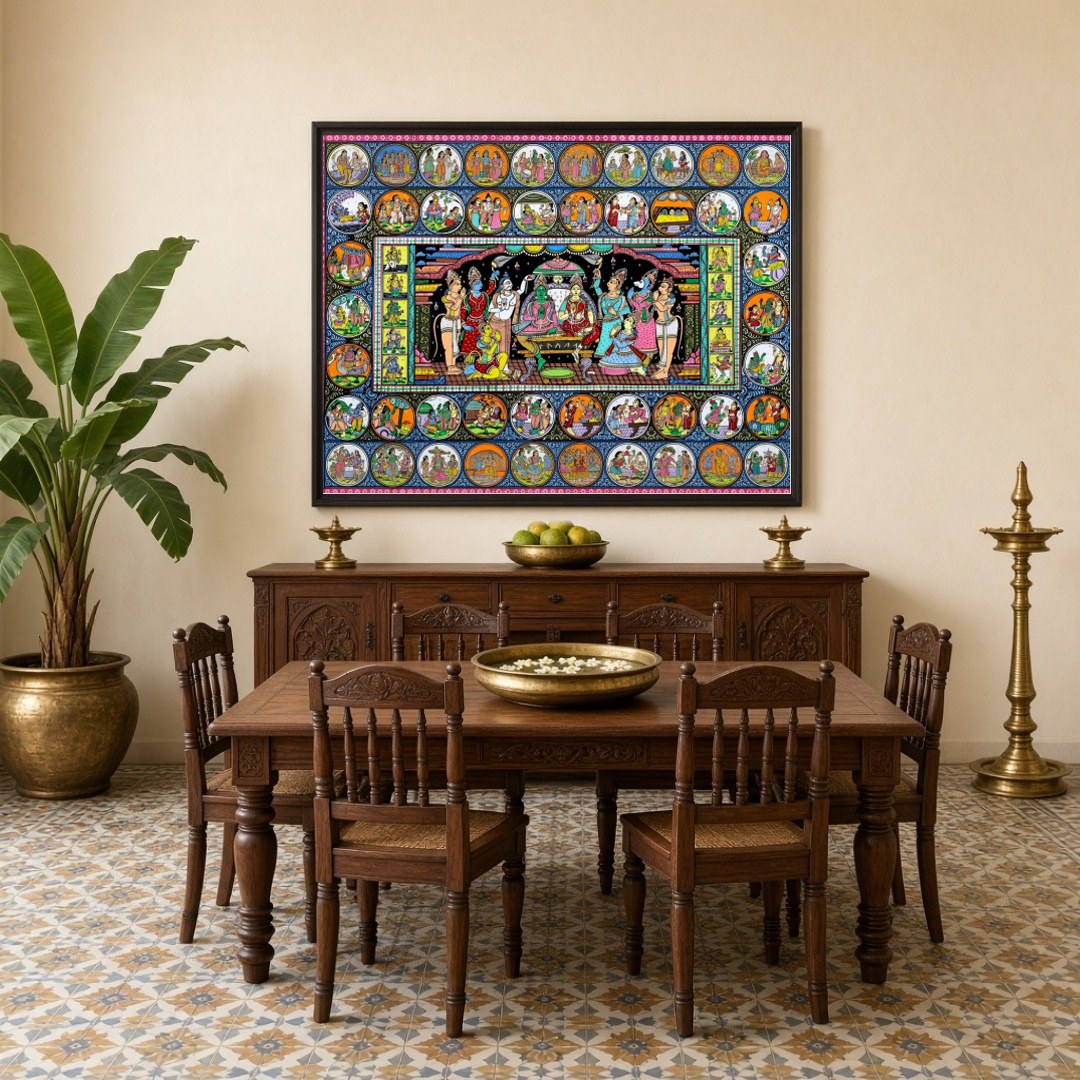Immerse your space in the sacred aura of Lord Rama’s court with this exquisite Pattachitra artwork. for Dining
