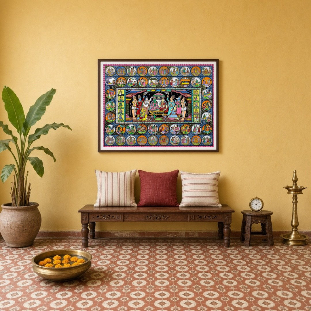 Immerse your space in the sacred aura of Lord Rama’s court with this exquisite Pattachitra artwork. for Entrance