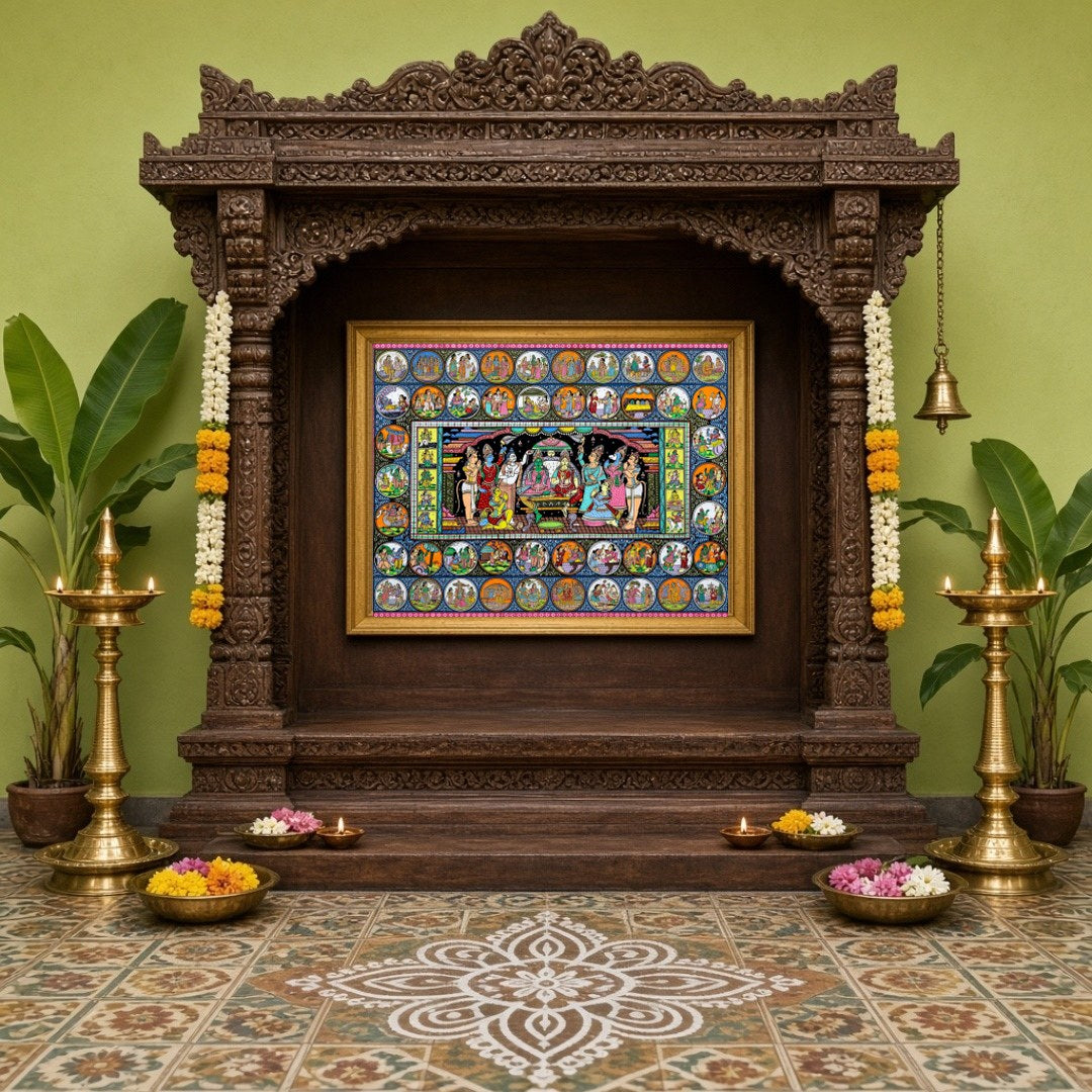 Immerse your space in the sacred aura of Lord Rama’s court with this exquisite Pattachitra artwork. for Home Temple