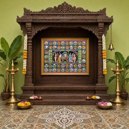 Immerse your space in the sacred aura of Lord Rama’s court with this exquisite Pattachitra artwork. for Home Temple