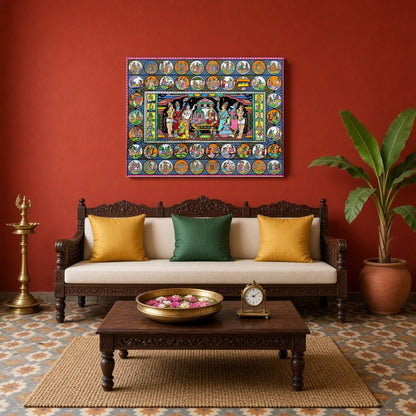 Immerse your space in the sacred aura of Lord Rama’s court with this exquisite Pattachitra artwork. for Living Room