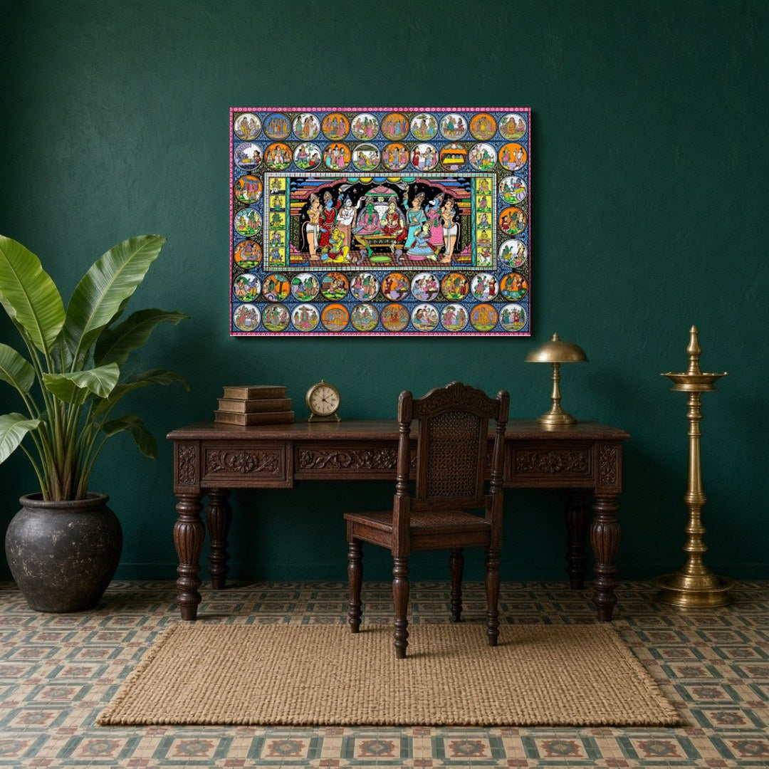 Immerse your space in the sacred aura of Lord Rama’s court with this exquisite Pattachitra artwork. for Study