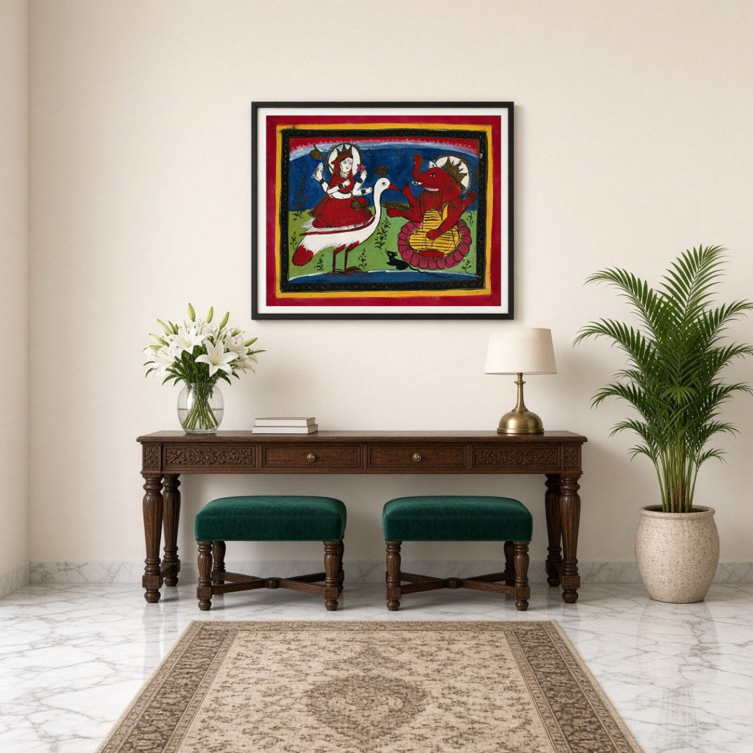 Experience the enchanting blend of grace and prosperity with this captivating Kalighat painting, for Entrance