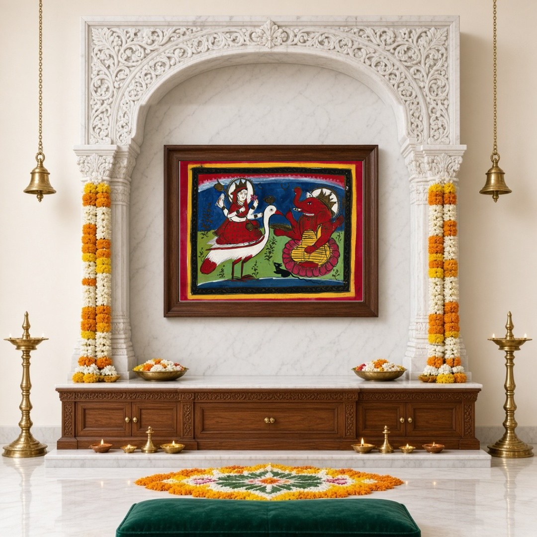 Experience the enchanting blend of grace and prosperity with this captivating Kalighat painting, for Home Temple