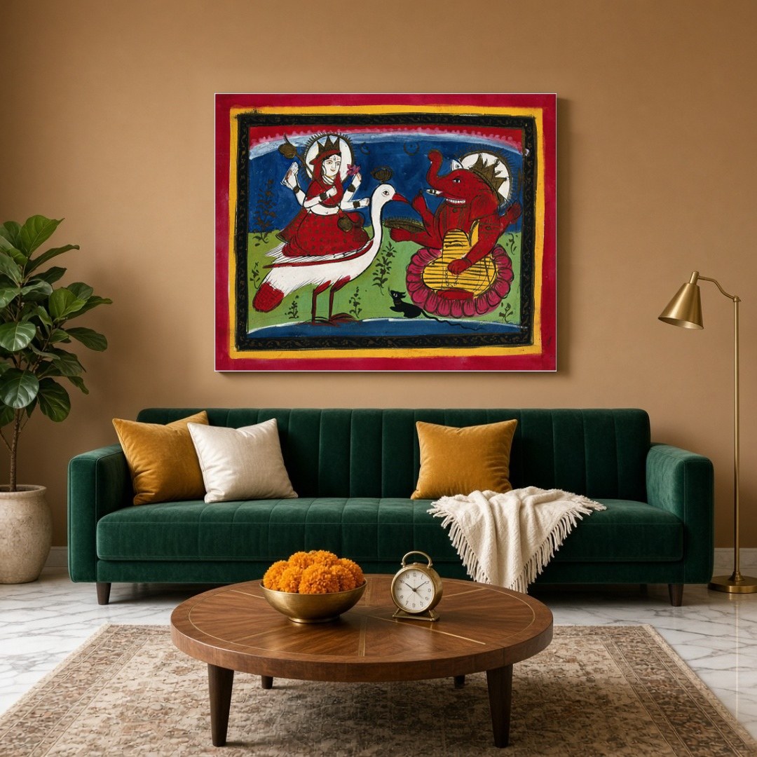 Experience the enchanting blend of grace and prosperity with this captivating Kalighat painting, for Living Room