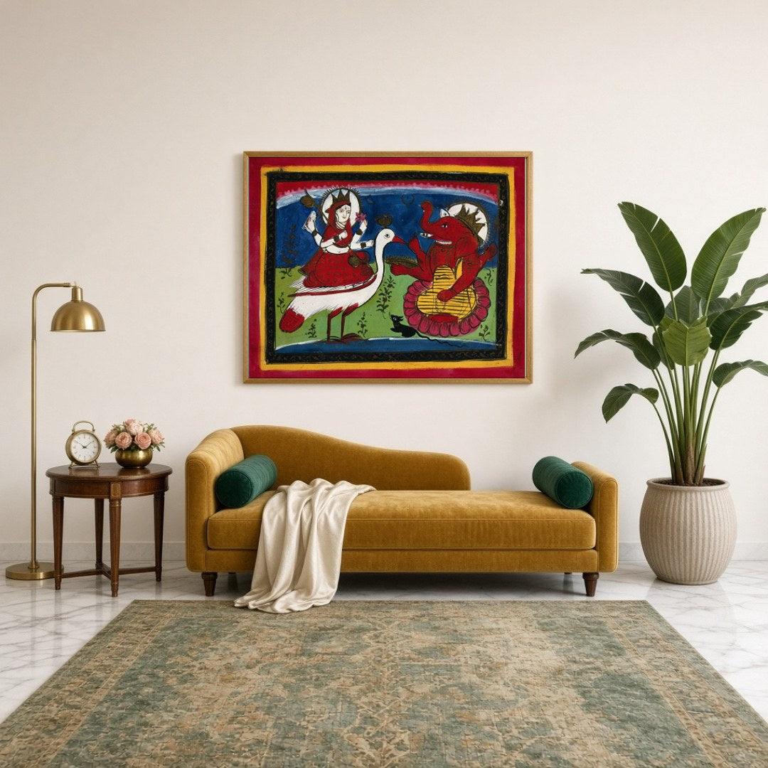 Experience the enchanting blend of grace and prosperity with this captivating Kalighat painting, for Sitting Lounge