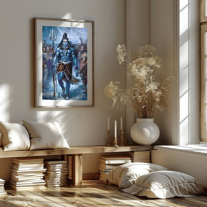 Immerse yourself in the majestic presence of Lord Shiva, captured in a stunning blend of vibrant for abode