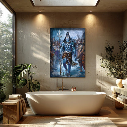 Immerse yourself in the majestic presence of Lord Shiva, captured in a stunning blend of vibrant for Bathroom