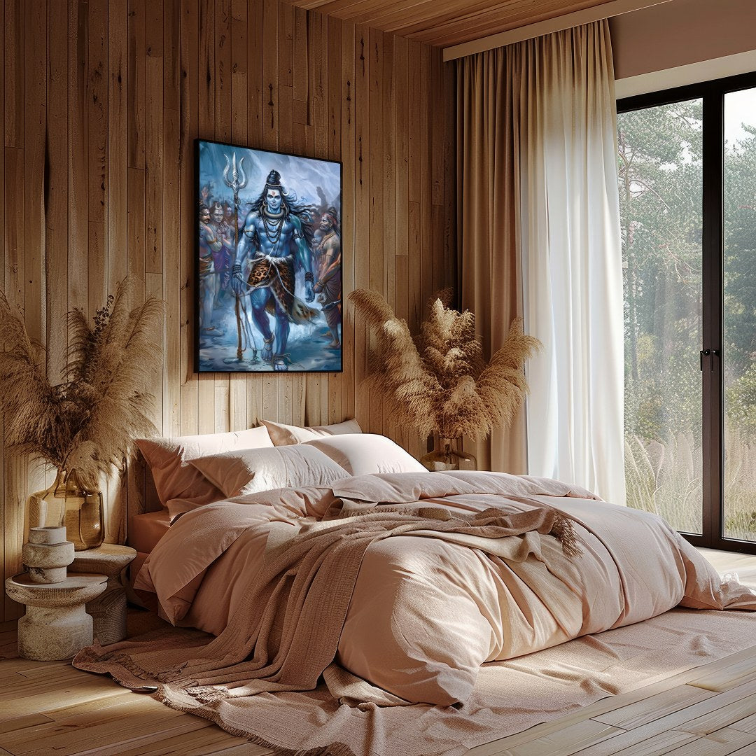 Immerse yourself in the majestic presence of Lord Shiva, captured in a stunning blend of vibrant for Bedroom