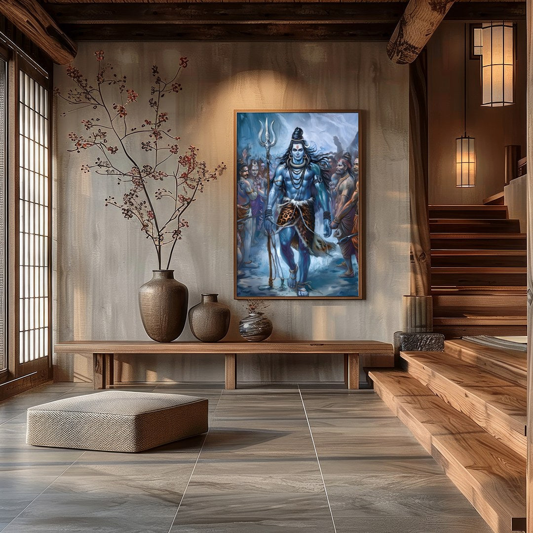 Immerse yourself in the majestic presence of Lord Shiva, captured in a stunning blend of vibrant for Hall