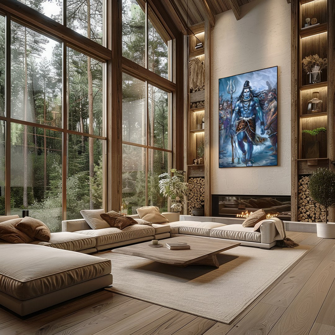 Immerse yourself in the majestic presence of Lord Shiva, captured in a stunning blend of vibrant for Living Room