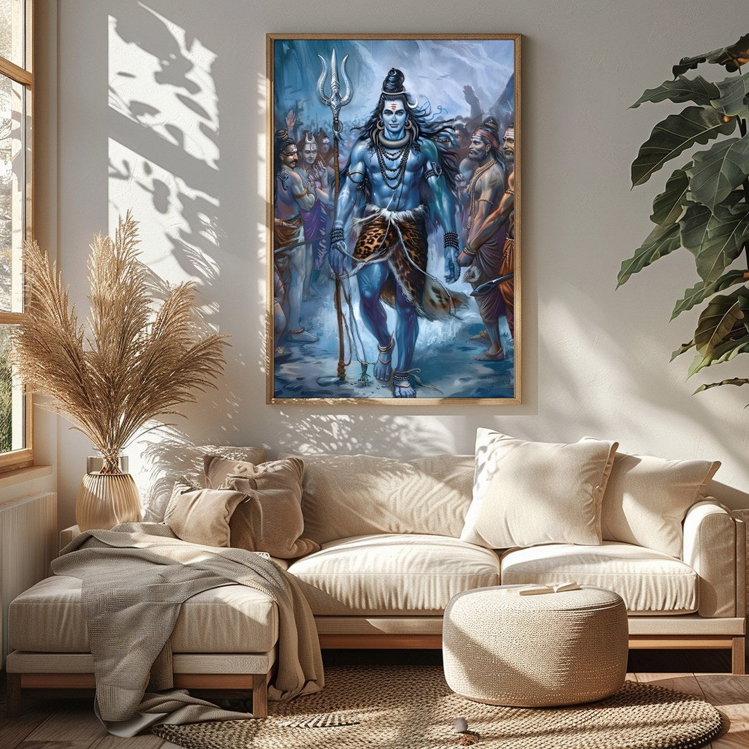 Immerse yourself in the majestic presence of Lord Shiva, captured in a stunning blend of vibrant for Sitting Area