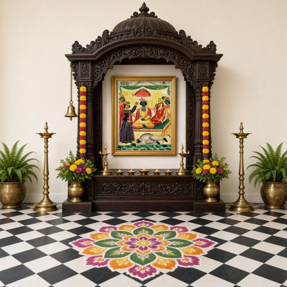 Celebrate the auspicious moment of Rama's coronation alongside Sita in this beautifully detailed for Home Temple