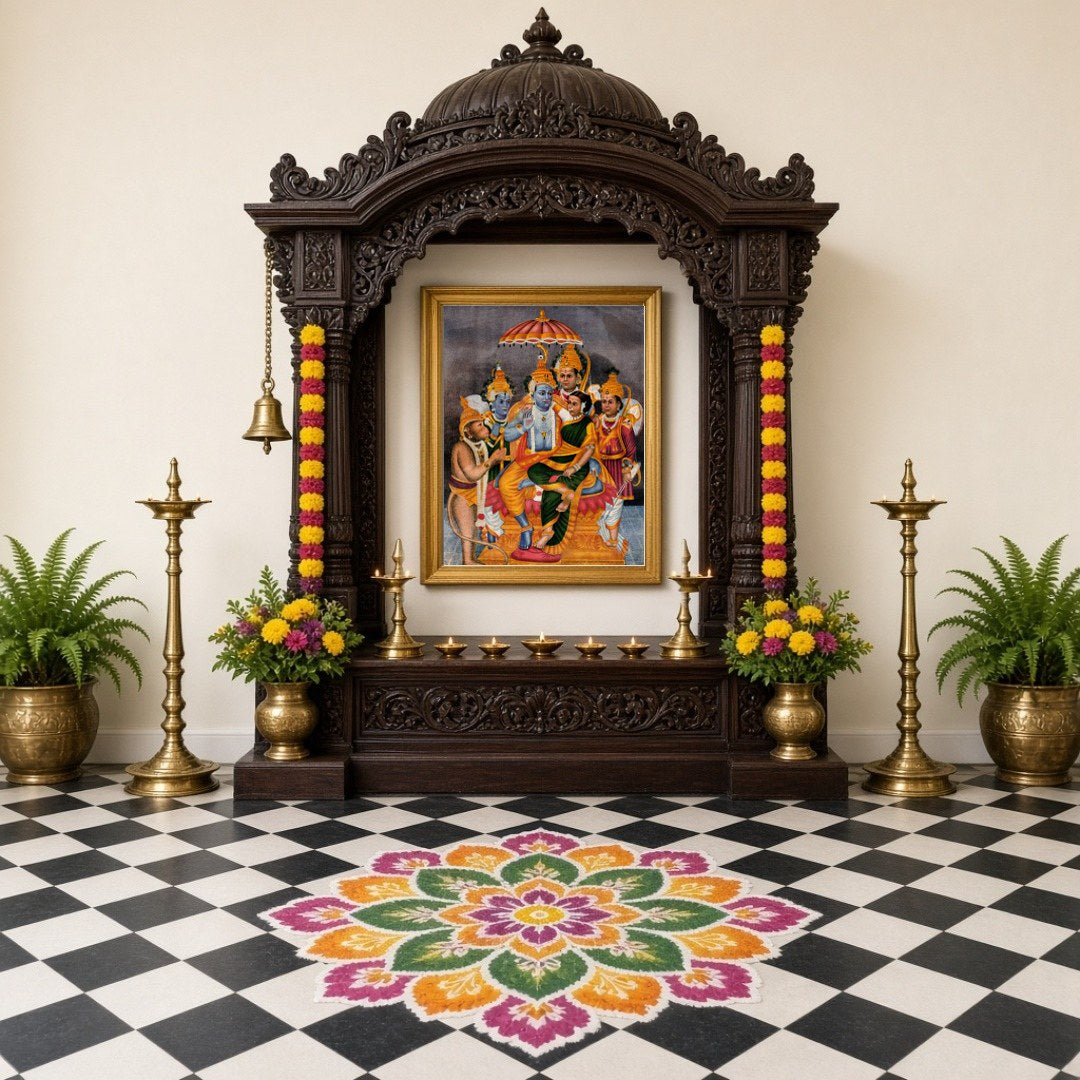 Celebrate the divine legends of the Ramayana with an exquisite illustration capturing Lord Rama's for Home Temple