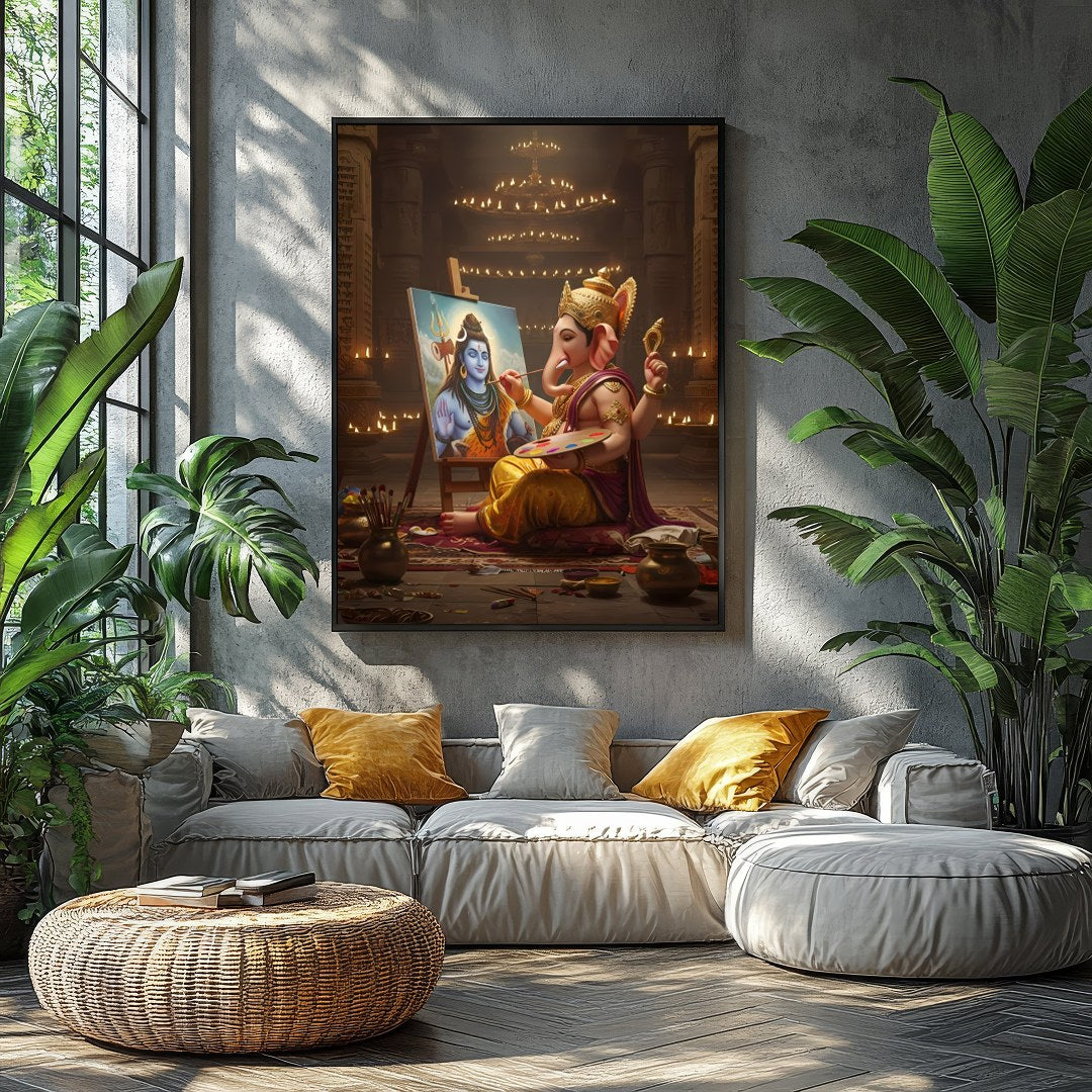 Immerse yourself in the divine artistry of Ganesh painting Shiva on canvas. This captivating wall for Balcony