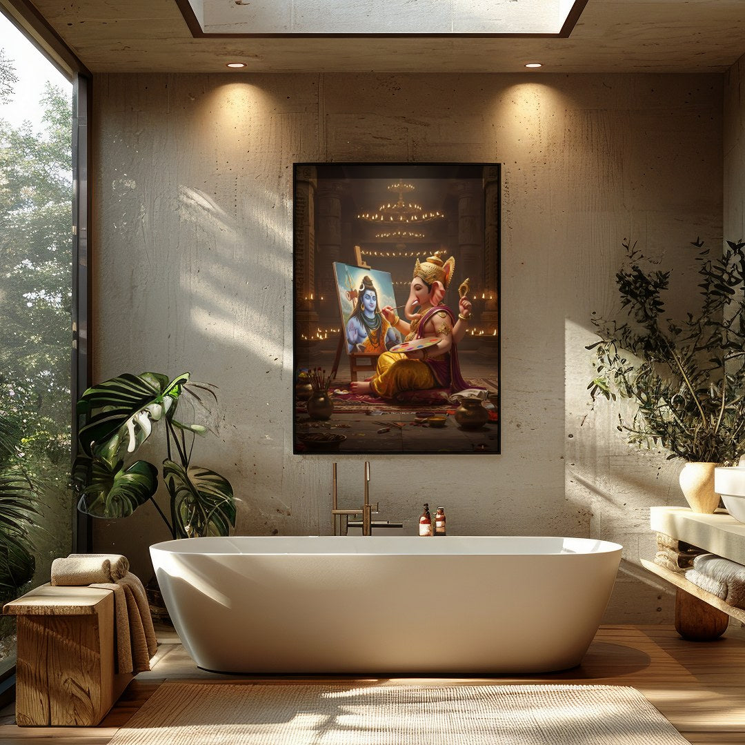 Immerse yourself in the divine artistry of Ganesh painting Shiva on canvas. This captivating wall for Bathroom
