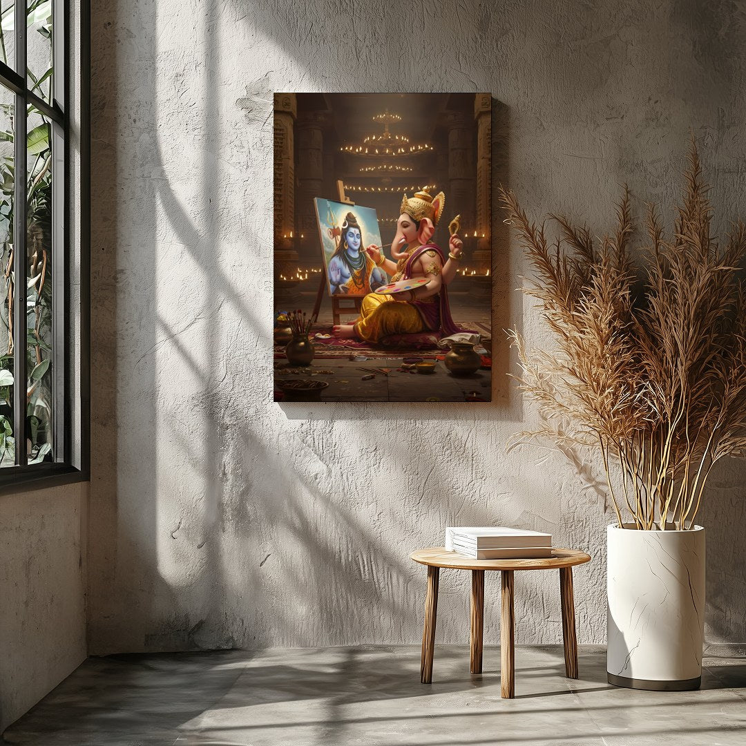 Immerse yourself in the divine artistry of Ganesh painting Shiva on canvas. This captivating wall for Entrance