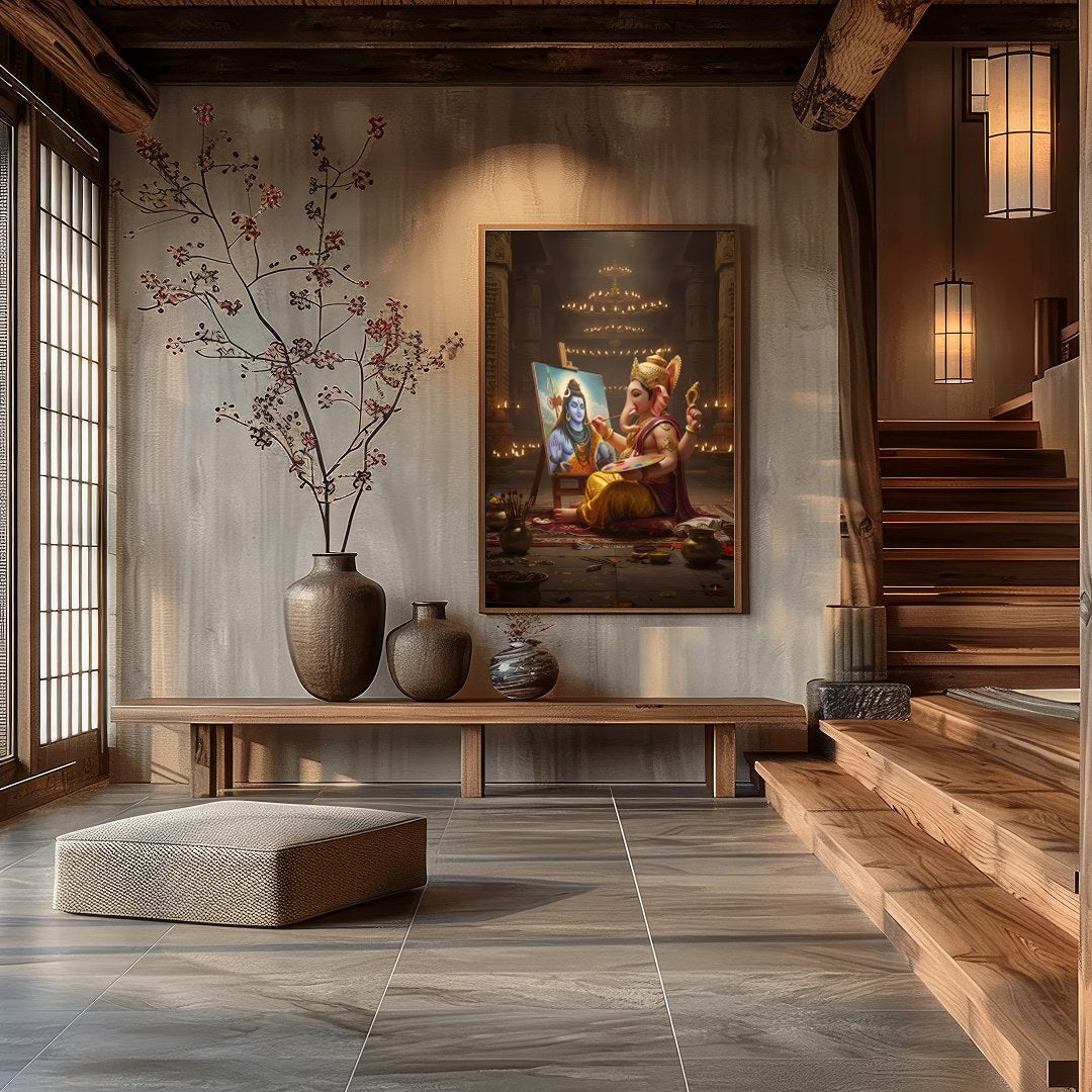Immerse yourself in the divine artistry of Ganesh painting Shiva on canvas. This captivating wall for Hall