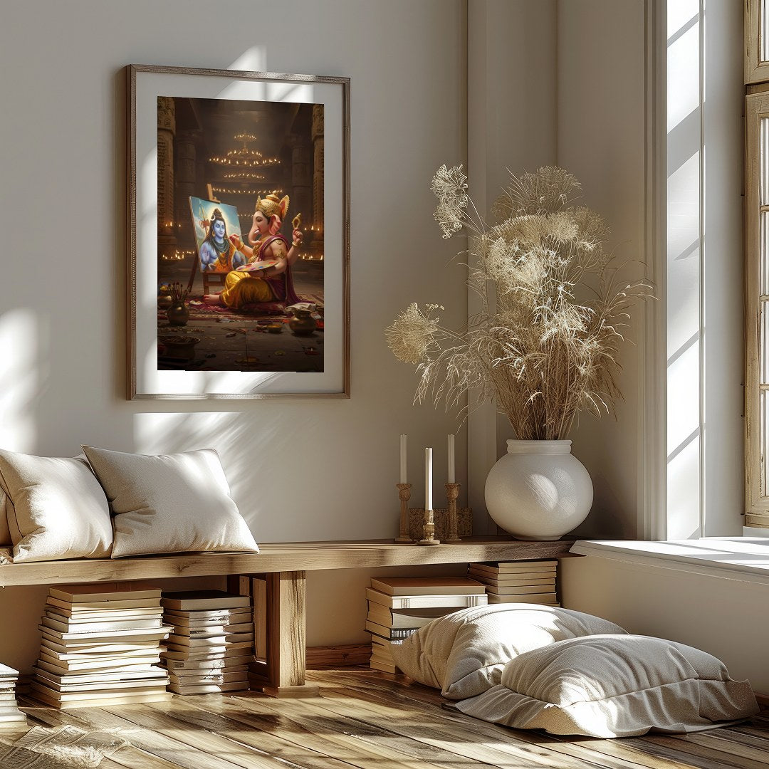 Immerse yourself in the divine artistry of Ganesh painting Shiva on canvas. This captivating wall for hallway