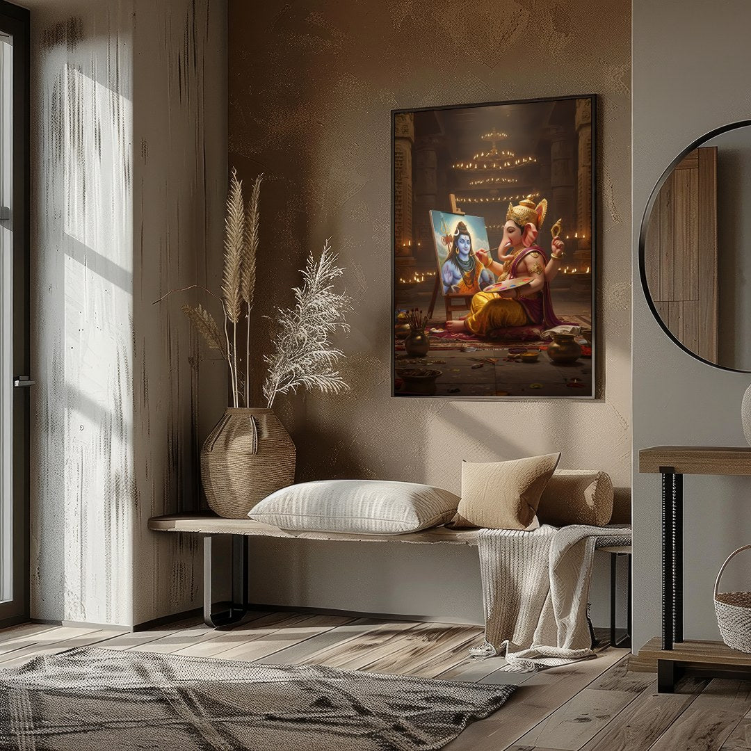 Immerse yourself in the divine artistry of Ganesh painting Shiva on canvas. This captivating wall for nook