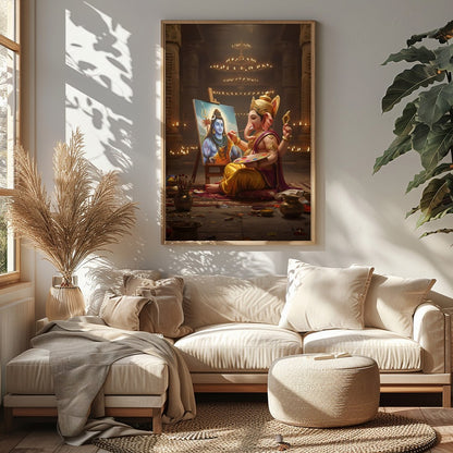 Immerse yourself in the divine artistry of Ganesh painting Shiva on canvas. This captivating wall for Sitting Area