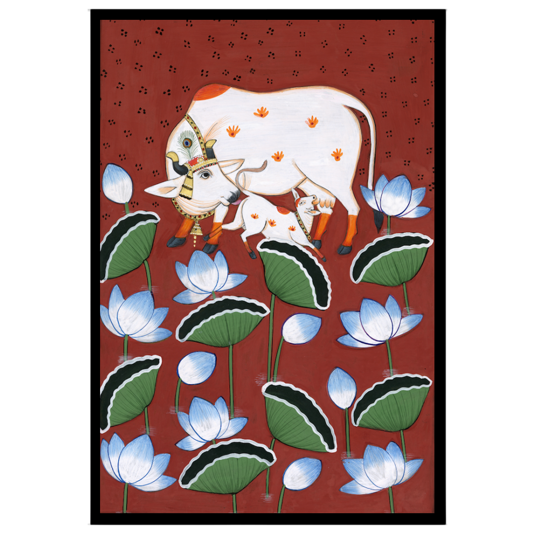 This exquisite Pichwai art piece captures the tender bond between a sacred Kamdhenu cow and her for decor