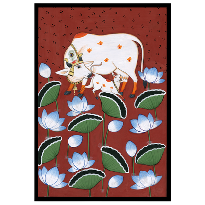 This exquisite Pichwai art piece captures the tender bond between a sacred Kamdhenu cow and her for decor