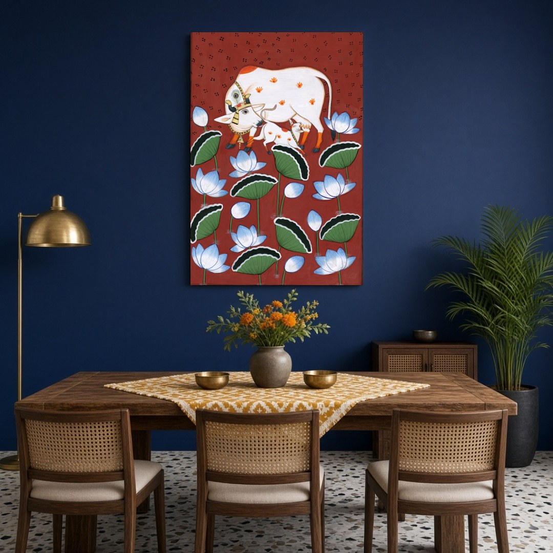 This exquisite Pichwai art piece captures the tender bond between a sacred Kamdhenu cow and her for Dining
