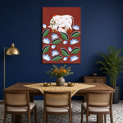 This exquisite Pichwai art piece captures the tender bond between a sacred Kamdhenu cow and her for Dining