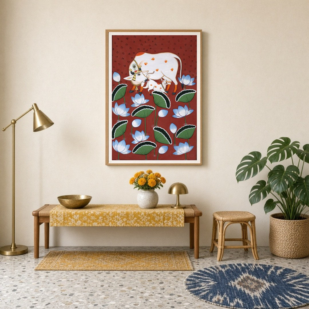 This exquisite Pichwai art piece captures the tender bond between a sacred Kamdhenu cow and her for Entrance
