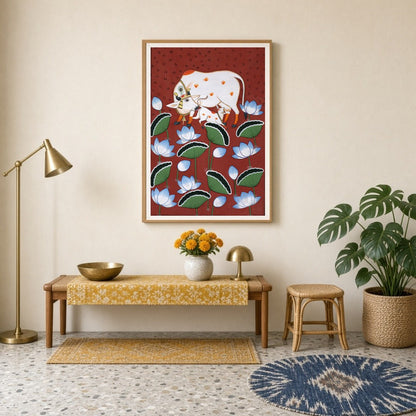 This exquisite Pichwai art piece captures the tender bond between a sacred Kamdhenu cow and her for Entrance