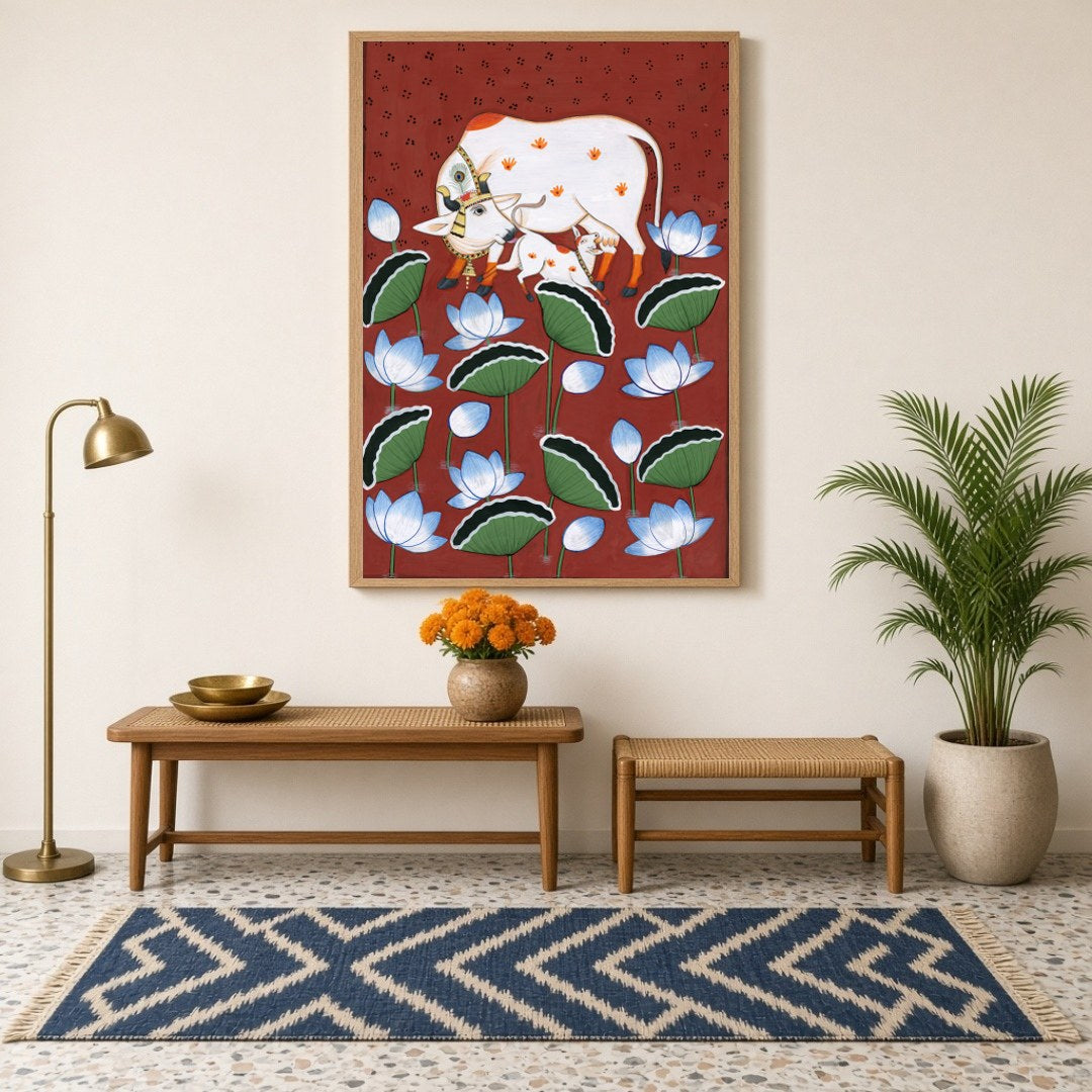 This exquisite Pichwai art piece captures the tender bond between a sacred Kamdhenu cow and her for Hallway