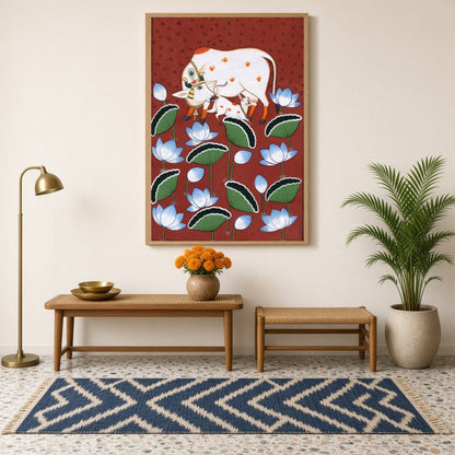 This exquisite Pichwai art piece captures the tender bond between a sacred Kamdhenu cow and her for Hallway