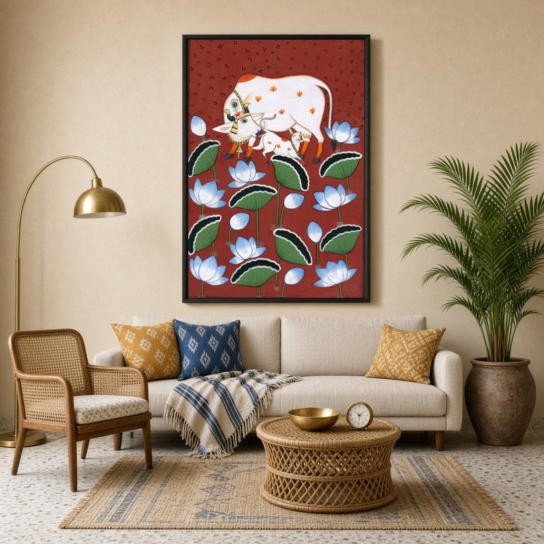 This exquisite Pichwai art piece captures the tender bond between a sacred Kamdhenu cow and her for Living Room