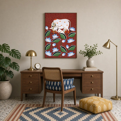 This exquisite Pichwai art piece captures the tender bond between a sacred Kamdhenu cow and her for Study
