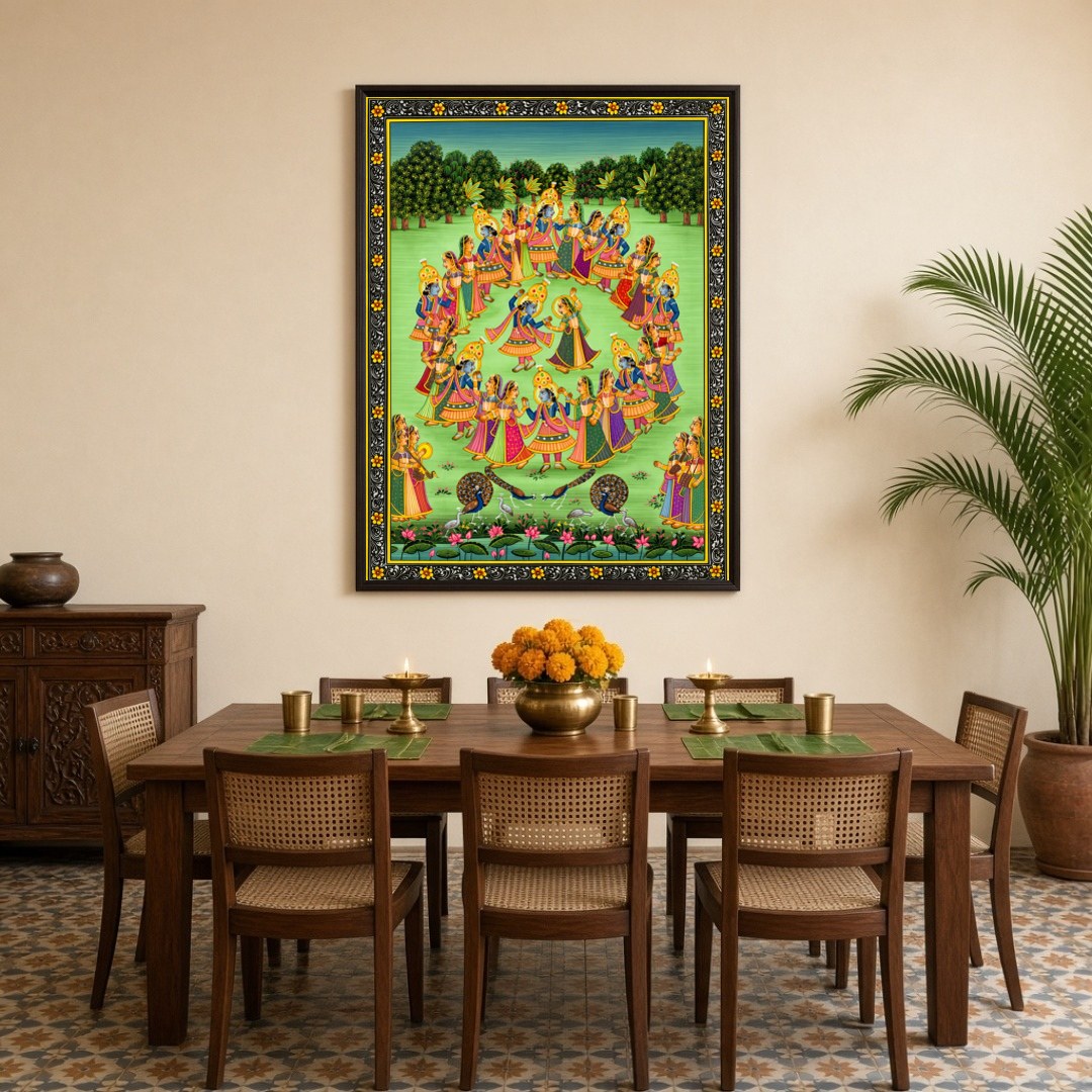 Experience the captivating charm of 'Divine Dance', a Pichwai artwork that beautifully captures for Dining