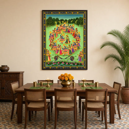 Experience the captivating charm of 'Divine Dance', a Pichwai artwork that beautifully captures for Dining