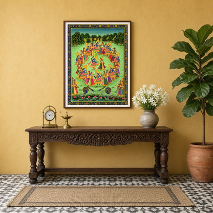 Experience the captivating charm of 'Divine Dance', a Pichwai artwork that beautifully captures for Entrance