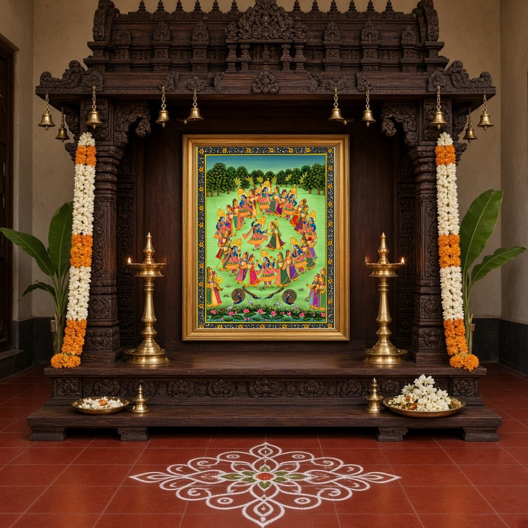 Experience the captivating charm of 'Divine Dance', a Pichwai artwork that beautifully captures for Home Temple