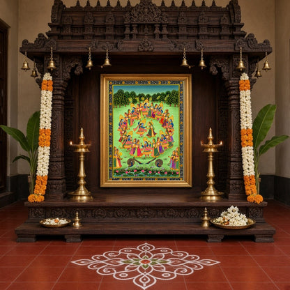 Experience the captivating charm of 'Divine Dance', a Pichwai artwork that beautifully captures for Home Temple