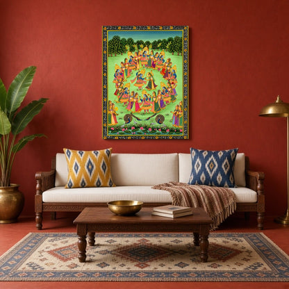 Experience the captivating charm of 'Divine Dance', a Pichwai artwork that beautifully captures for Living Room