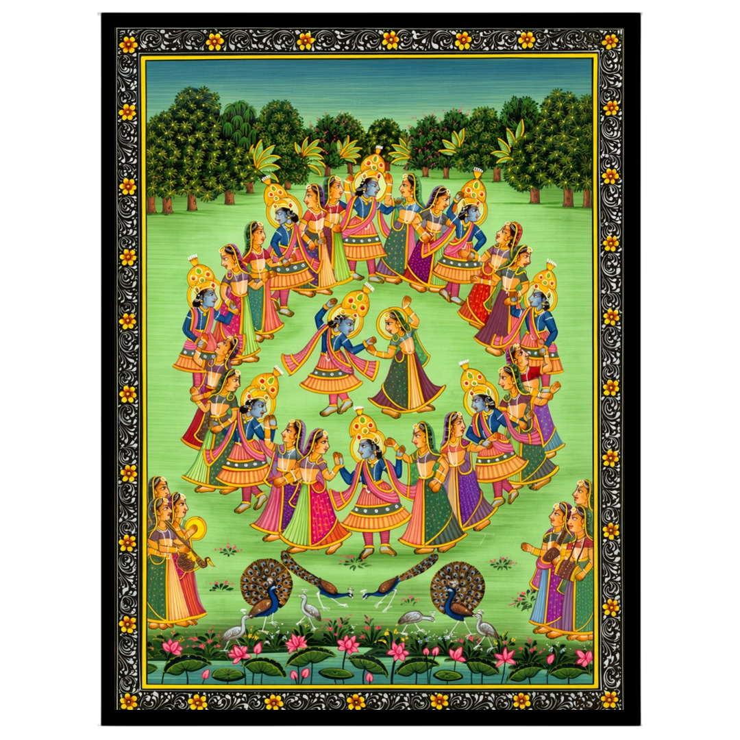 Experience the captivating charm of 'Divine Dance', a Pichwai artwork that beautifully captures for place