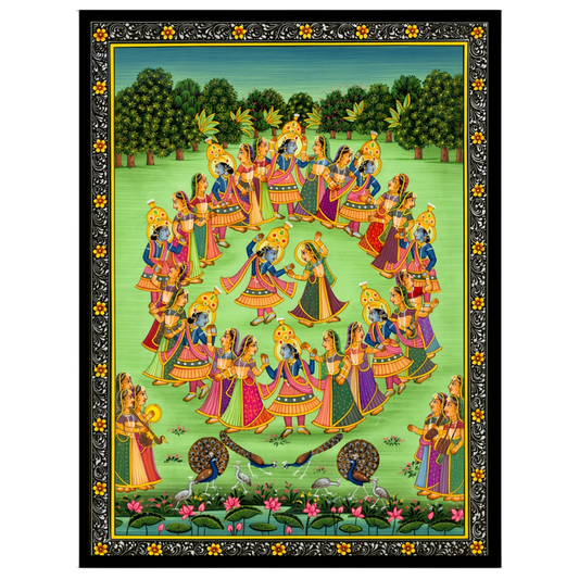 Experience the captivating charm of 'Divine Dance', a Pichwai artwork that beautifully captures for place